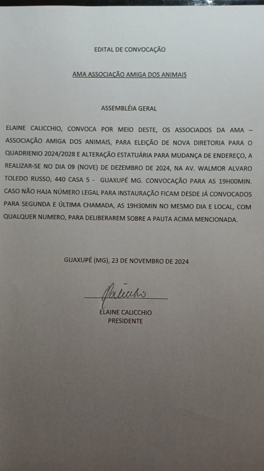 Associação Amiga dos Animais de Guaxupé convoca associados para eleição da nova diretoria