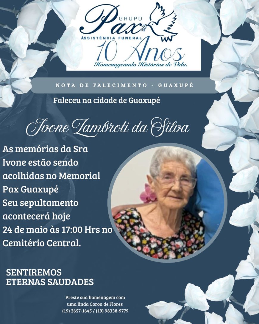 Nota de Falecimento: Ivone Zambroti da Silva, aos 91 anos