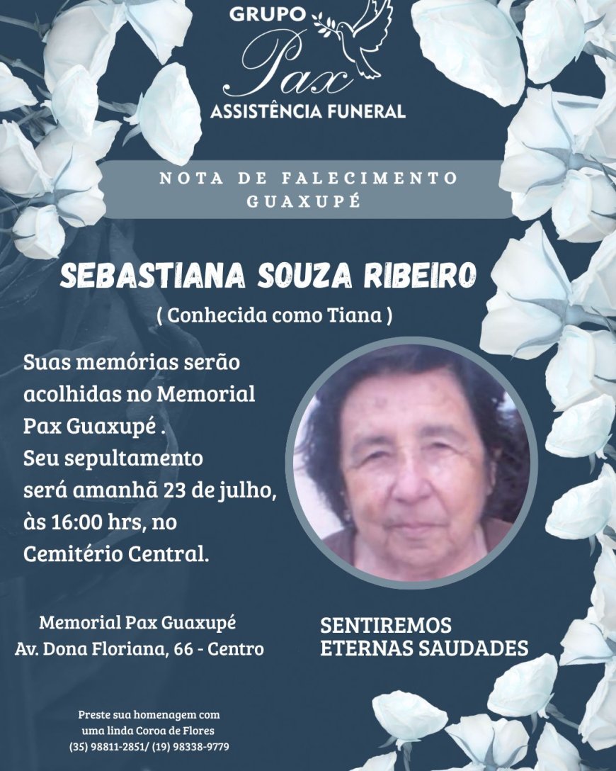 Nota de Falecimento: Sebastiana de Souza Ribeiro, aos 95 anos