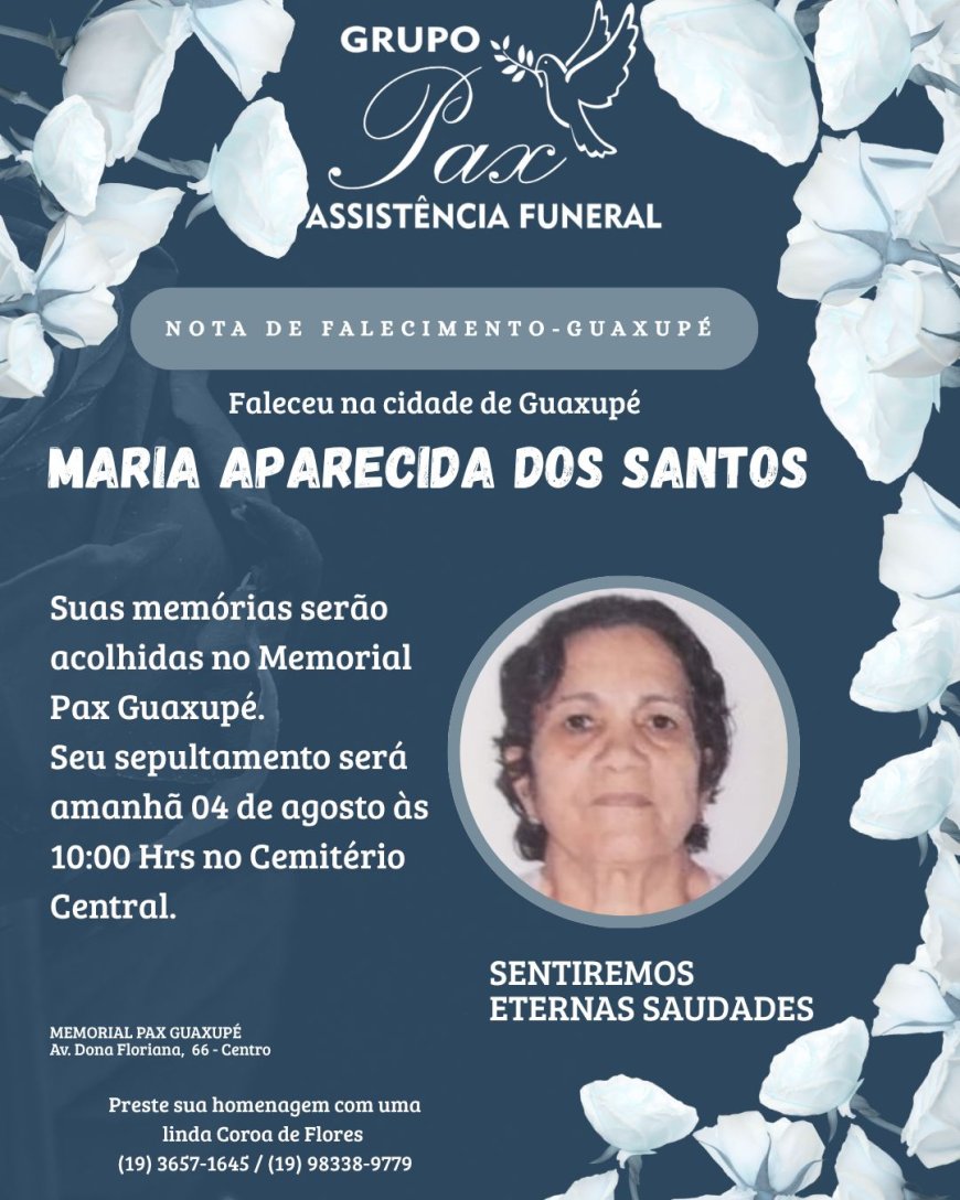 Nota de Falecimento: Maria Aparecida dos Santos, aos 56 anos
