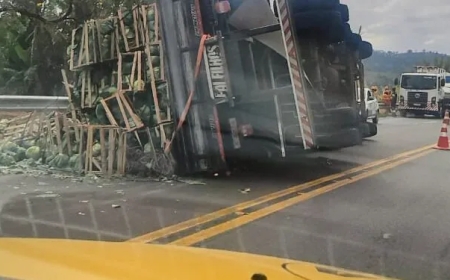 Caminhão tomba na rodovia MGC-491, próximo a Monte Belo,  e causa interdição parcial da via