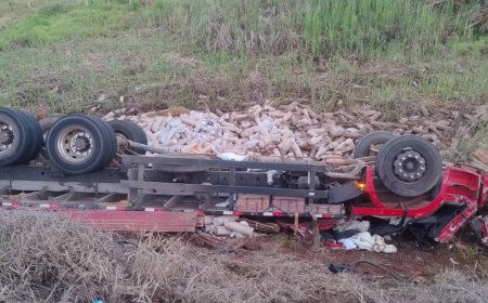 Motorista de caminhão carregado com bobinas de papel morre em capotamento na BR-146, entre Guaxupé e São Pedro da União