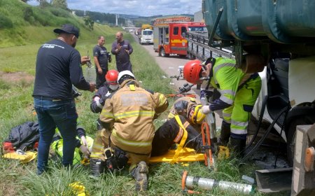 Motorista e passageiro ficam feridos em colisão entre caminhões na BR-381