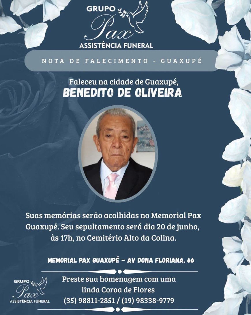 Nota de Falecimento em Guaxupé: Benedito de Oliveira