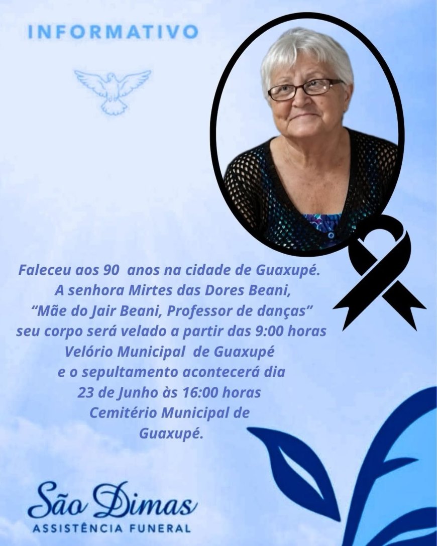 Nota de Falecimento em Guaxupé: Mirtes das Dores Beani, aos 90 anos
