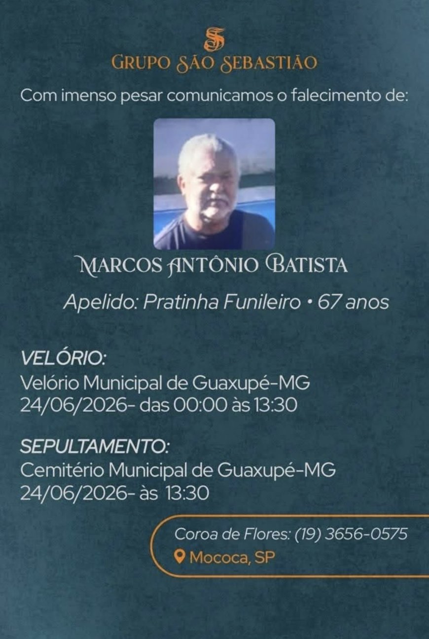 Nota de Falecimento em Guaxupé: Marcos Antônio Batista, aos 67 anos (Pratinha funileiro)