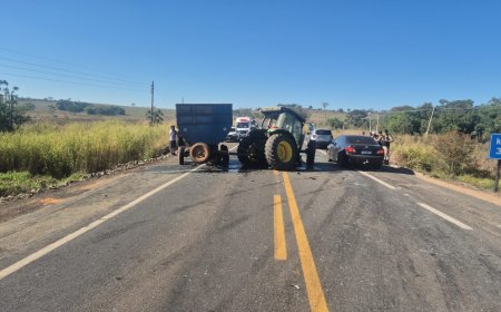 Acidente entre trator e bitrem deixa ferido na MGC-491 em Monte Santo de Minas
