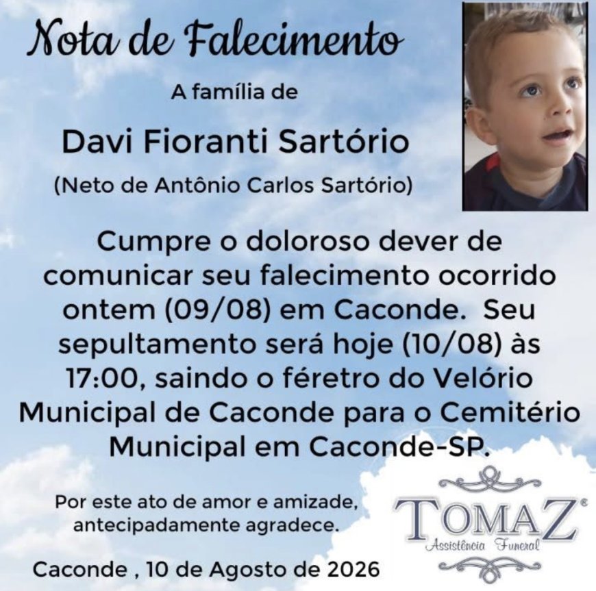 Criança de 2 anos que morreu afogada em piscina foi sepultada em Caconde