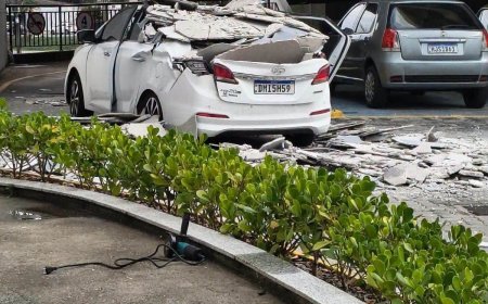 Placa de revestimento de shopping se solta durante vendaval e atinge carro em Poços de Caldas; duas pessoas ficam feridas
