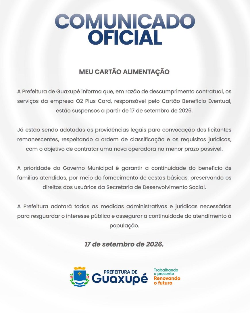 Cartão alimentação está suspenso temporariamente em Guaxupé