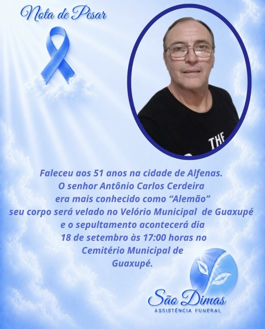 Nota de Falecimento em Guaxupé: Antônio Carlos Cerdeira, aos 51 anos
