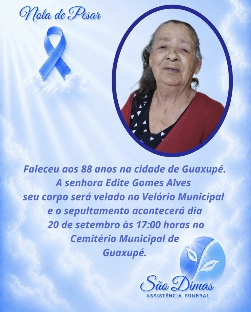 Nota de Falecimento em Guaxupé: Edith Gomes Alves, aos 88 anos