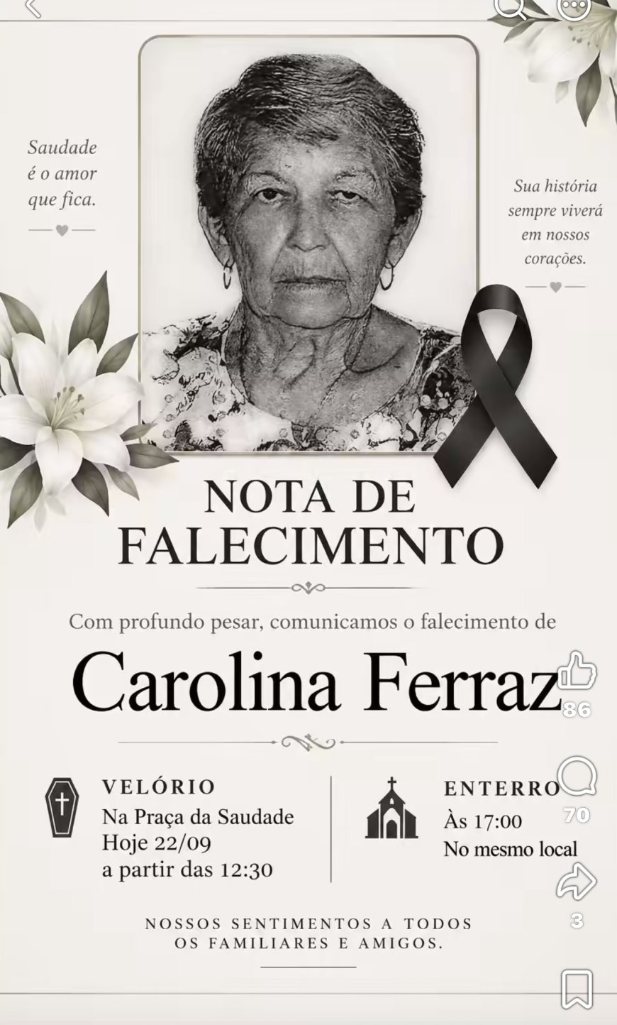 Nota de Falecimento em Guaxupé: Carolina Ferraz, aos 87 anos