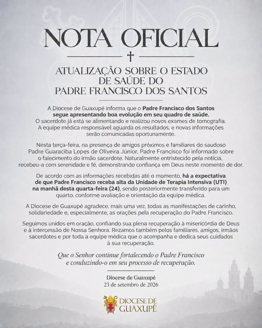 Diocese de Guaxupé divulga nota sobre a evolução no quadro de saúde do Padre Francisco dos Santos