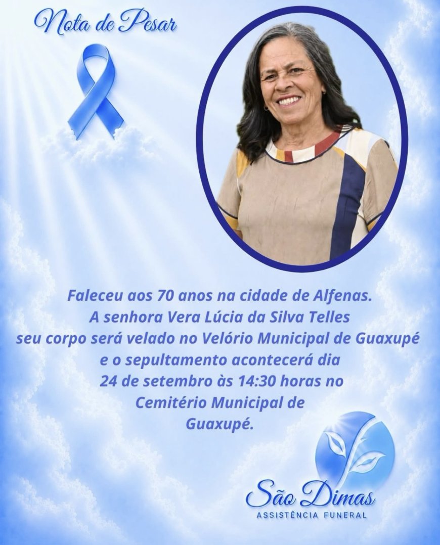 Nota de Falecimento em Guaxupé: Vera Lúcia da Silva Telles, aos 70 anos