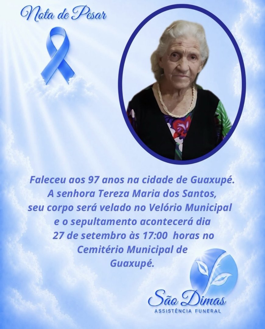 Nota de Falecimento em Guaxupé: Tereza Maria dos Santos, aos 97 anos