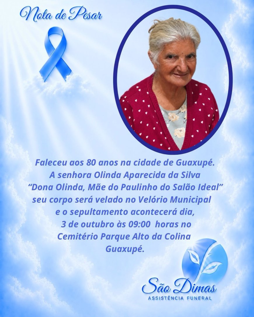 Nota de Falecimento em Guaxupé: Olinda Aparecida da Silva, aos 80 anos