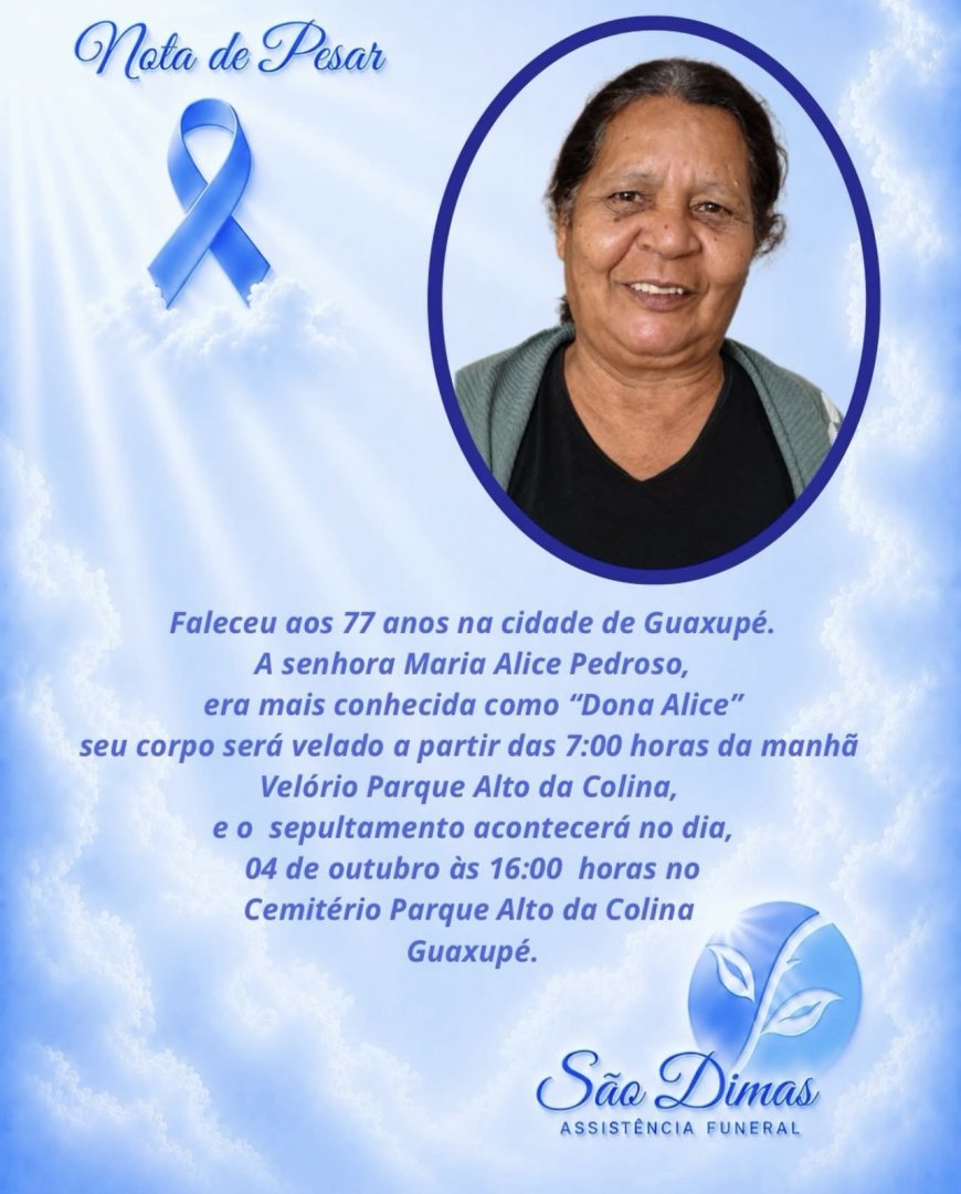 Nota de Falecimento em Guaxupé: Maria Alice Pedroso, aos 77 anos