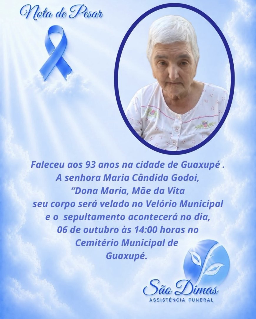 Nota de Falecimento em Guaxupé: Maria Cândida Godoi, aos 93 anos