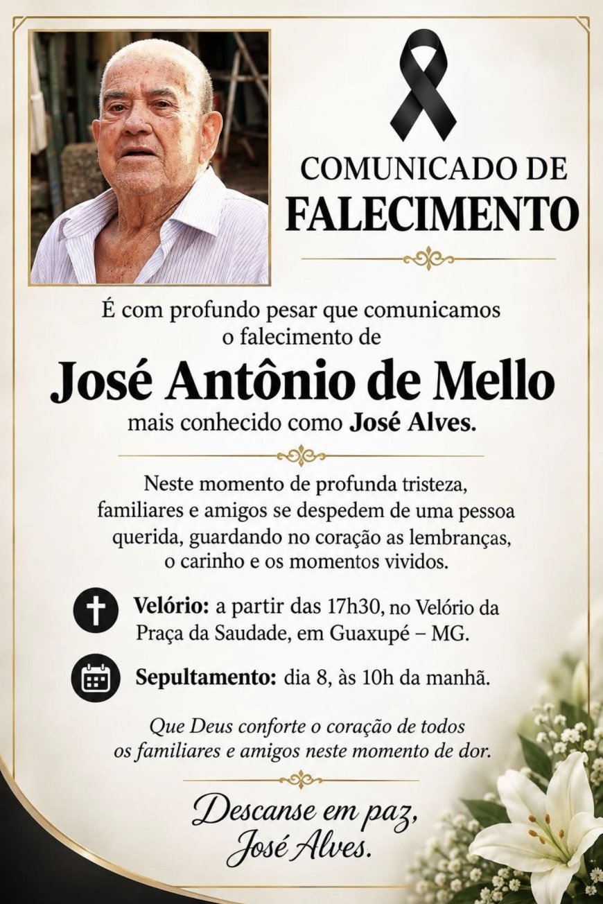 Nota de Falecimento em Guaxupé: José Antônio de Melo, aos 88 anos