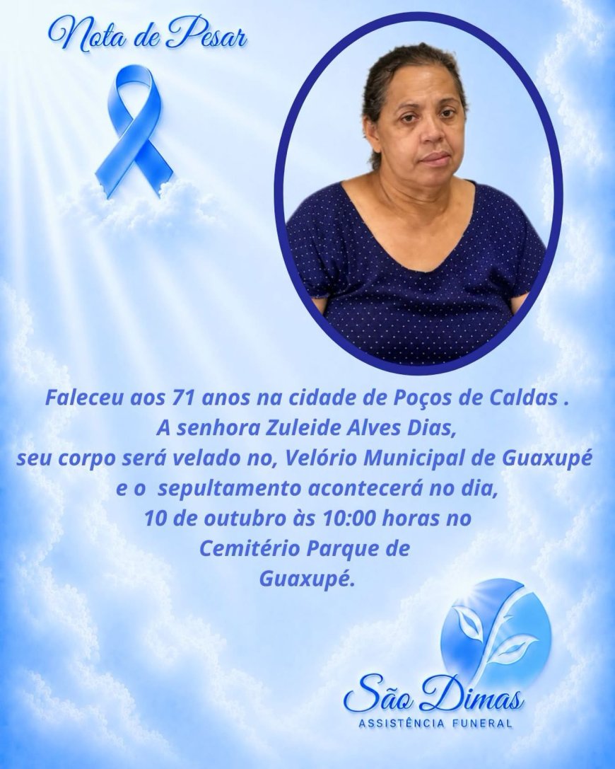 Nota de Falecimento em Guaxupé: Zuleida Alves Dias, aos 71 anos