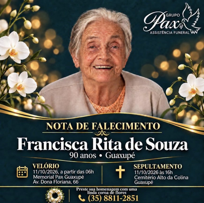 Nota de Falecimento em Guaxupé: Francisca Rita de Souza, aos 90 anos