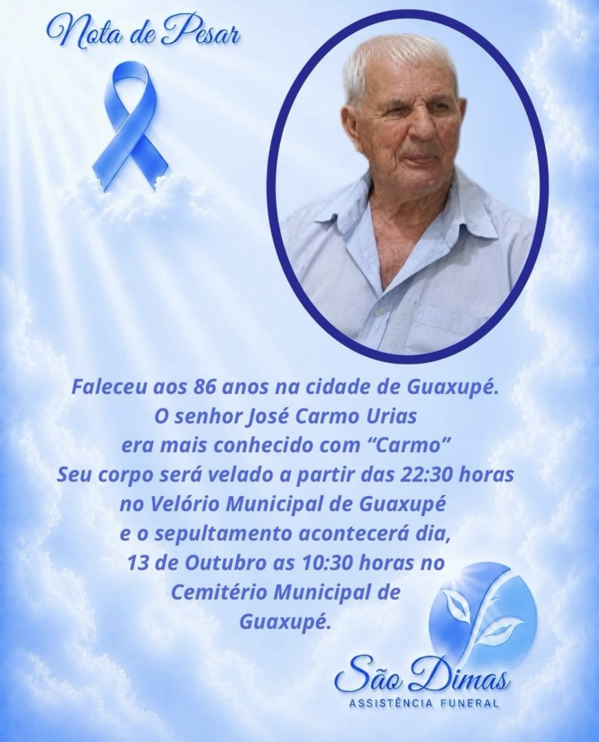 Nota de Falecimento em Guaxupé: José do Carmo Urias, aos 86 anos (Carmo)