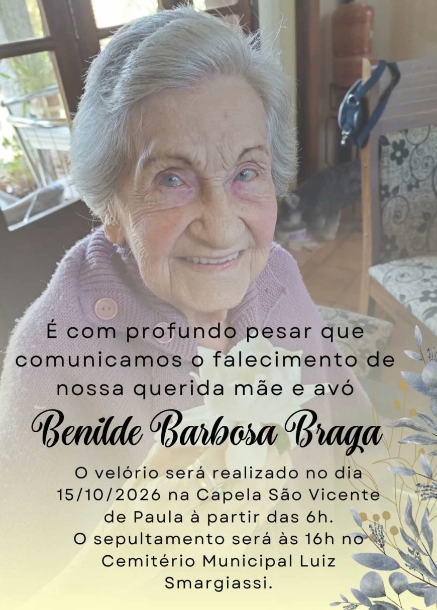 Nota de Falecimento em Guaxupé: Benilde Barbosa Braga, aos 94 anos