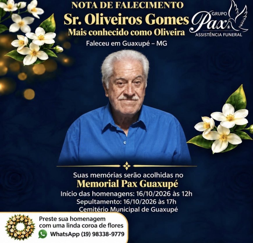 Nota de Falecimento em Guaxupé: Oliveiros Gomes, aos 82 anos ("Oliveira")