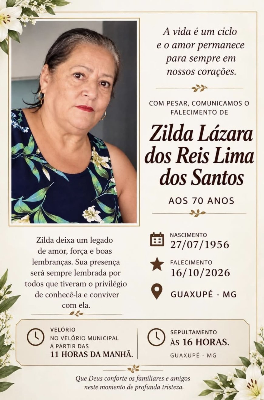 Nota de Falecimento em Guaxupé: Zilda Lázara dos Reis Lima dos Santos, aos 70 anos