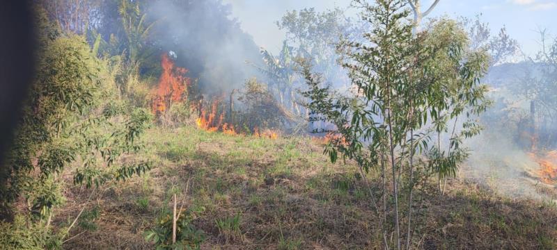 Bombeiros combatem incêndio em vegetação no Parque da Figueira, em Guaxupé